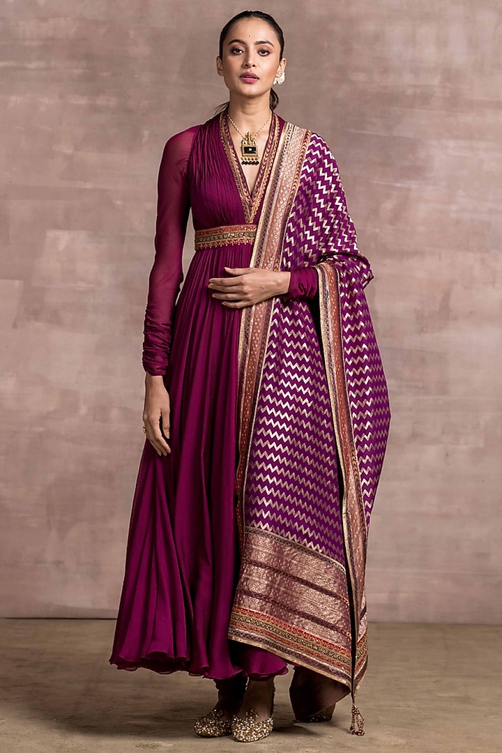 Wine Hand Embroidered Draped Bridal Anarkali Set by Tarun Tahiliani at Pernia's Pop Up Shop