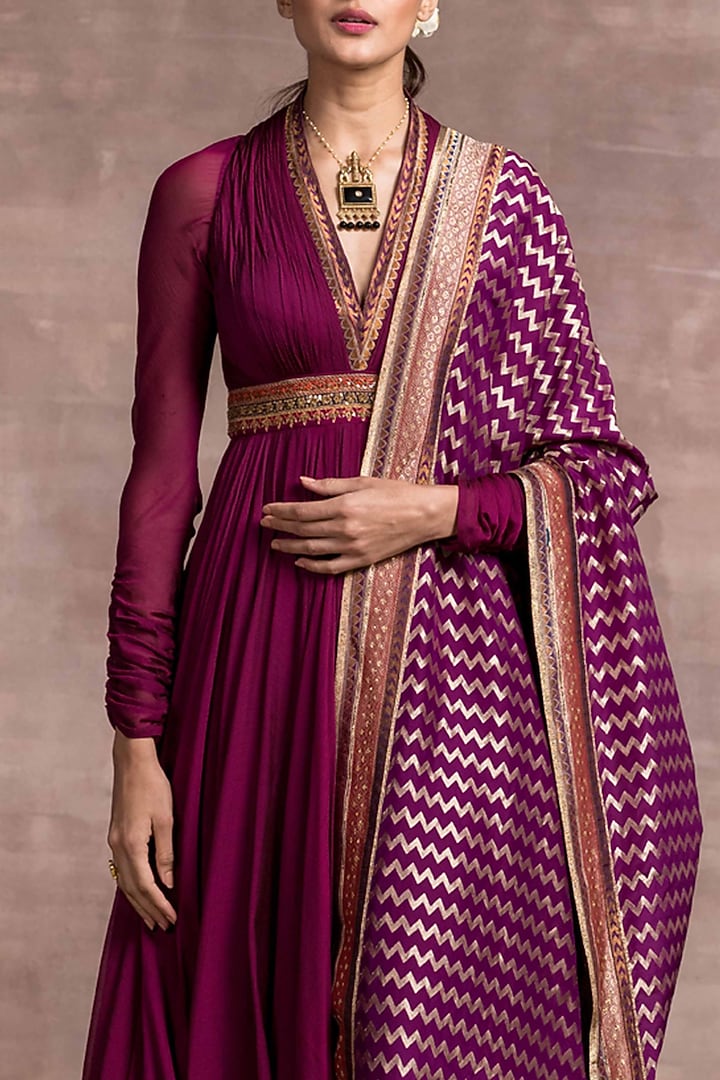 Wine Hand Embroidered Draped Bridal Anarkali Set by Tarun Tahiliani at Pernia's Pop Up Shop