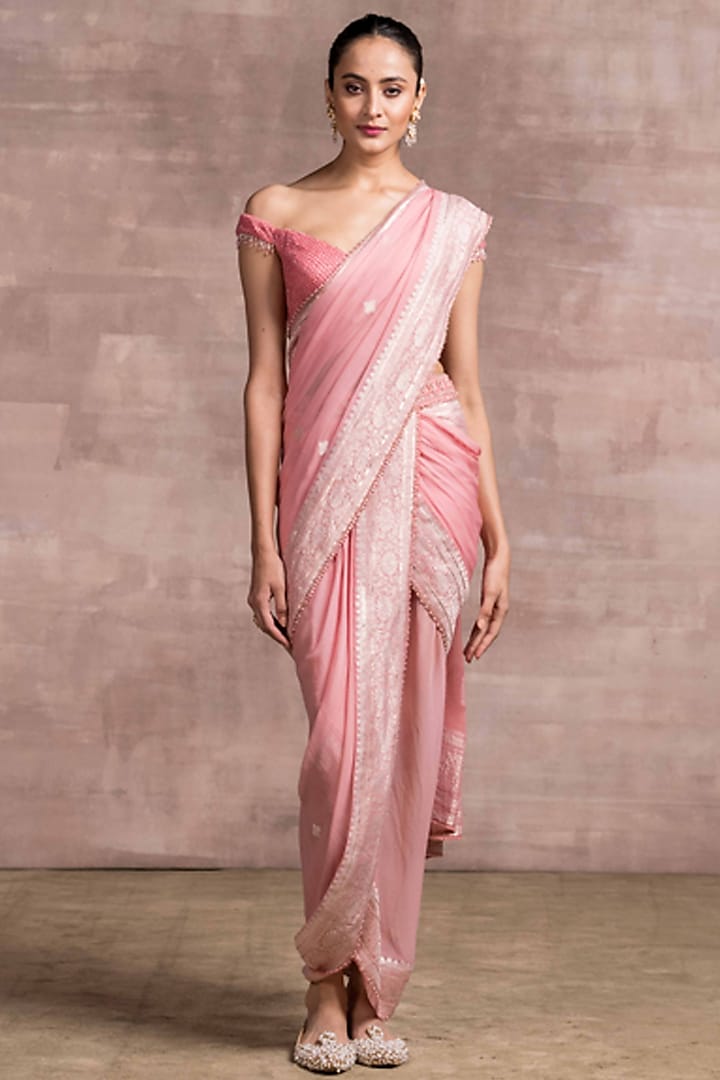 Baby Pink Pre-Draped Handloom Saree Set by Tarun Tahiliani