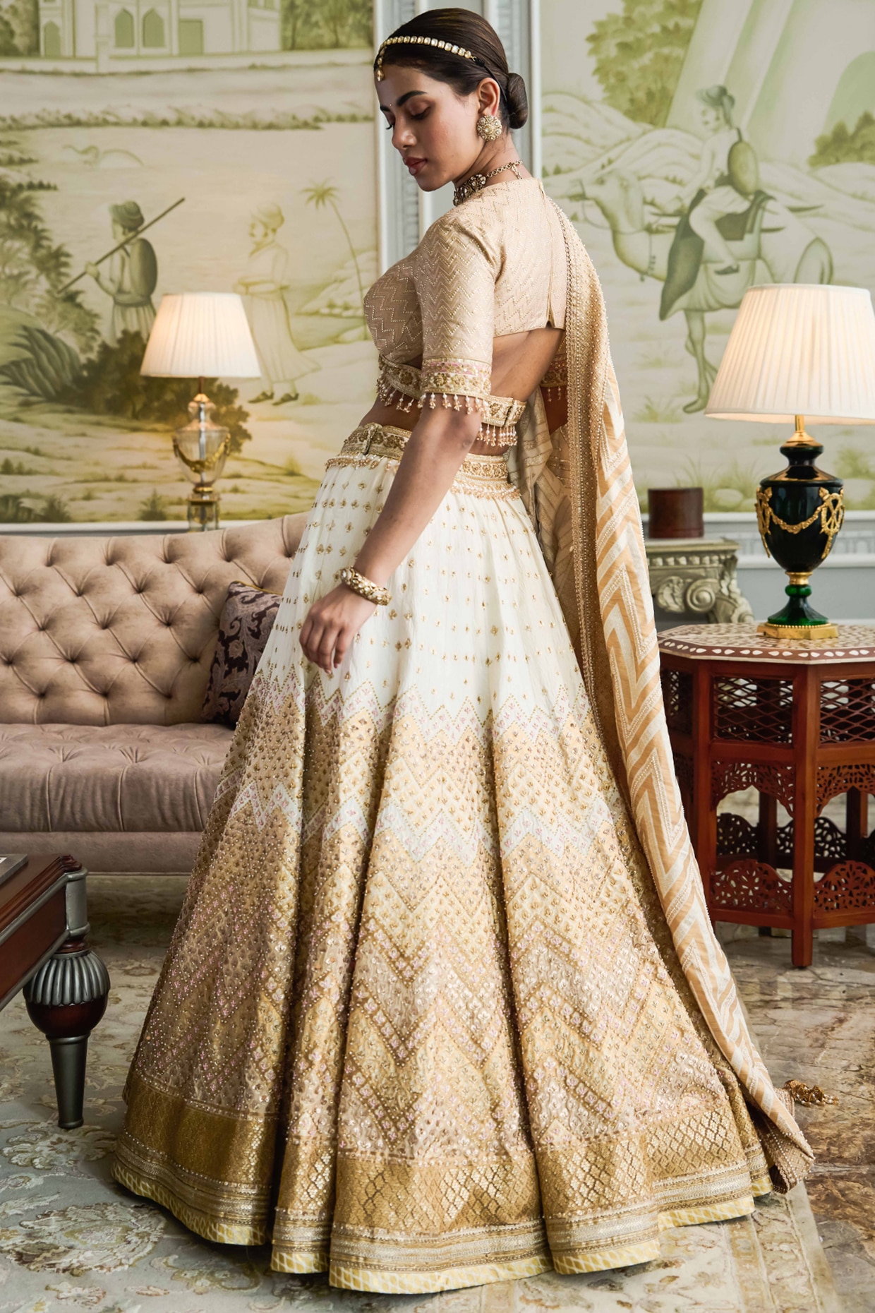 Golden and Cream colour combination lehenga choli | Black sequin crop top,  Embellished skirt, Saree blouses online
