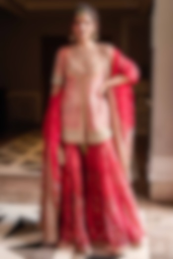 Red Crinkle Chanderi Bridal Sharara Set by Tarun Tahiliani at Pernia's Pop Up Shop
