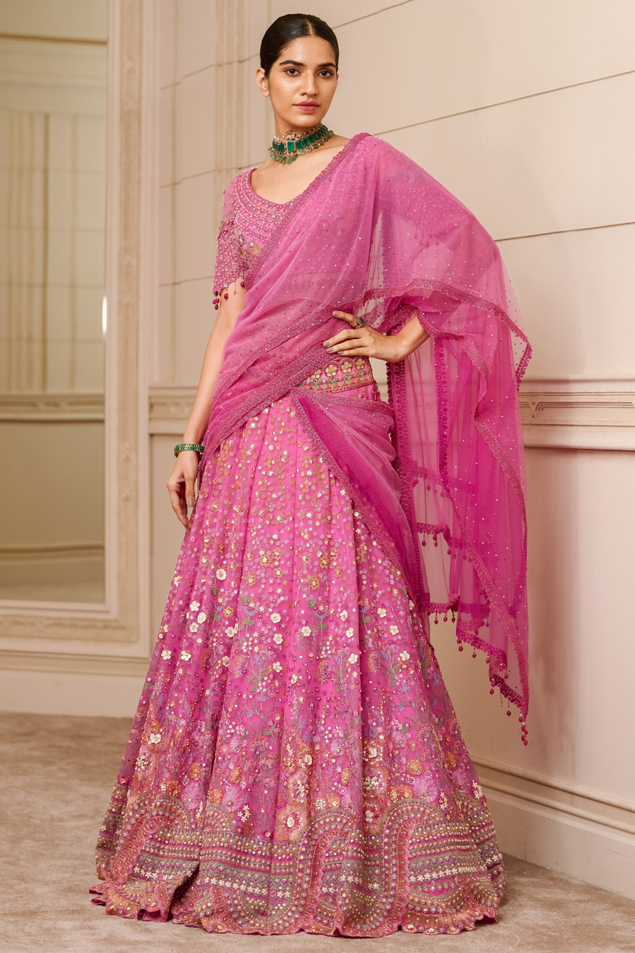 Fuschia Sheer Silk & Tulle Hand Embroidered Lehenga Saree Set by Tarun Tahiliani