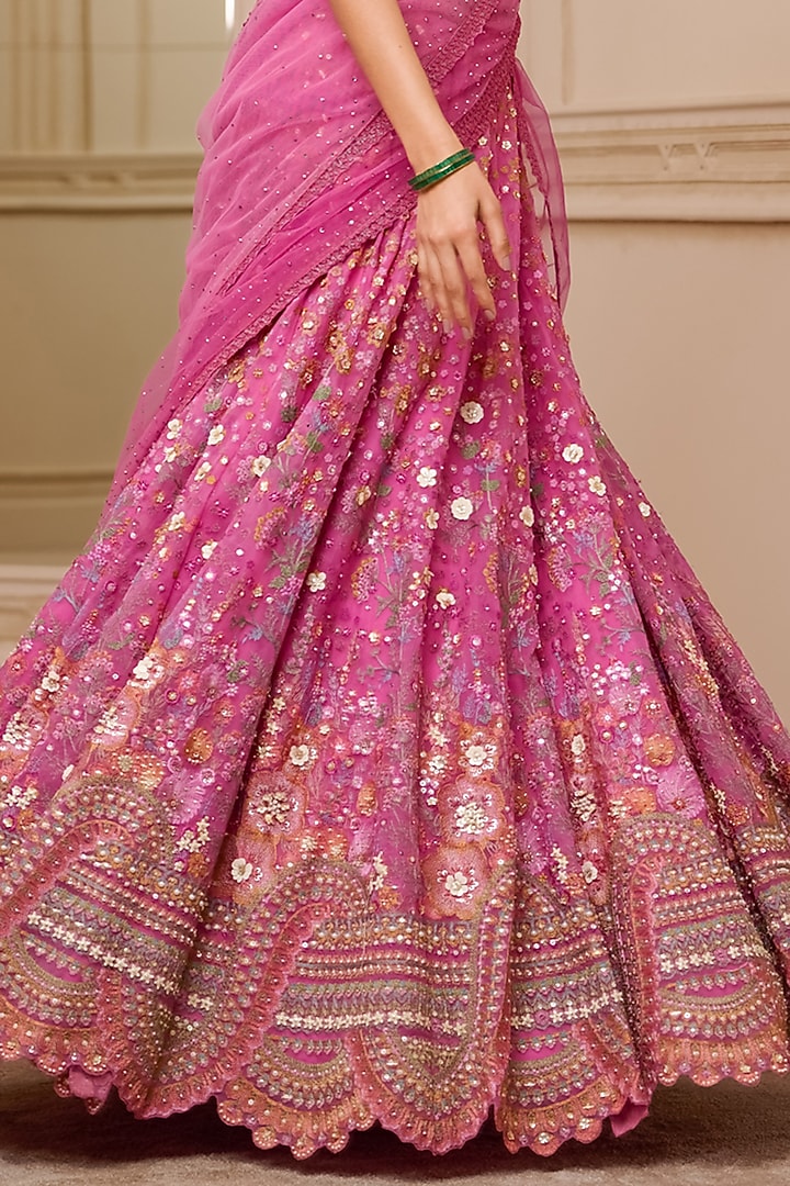 Fuschia Sheer Silk & Tulle Hand Embroidered Bridal Lehenga Saree Set by Tarun Tahiliani at Pernia's Pop Up Shop