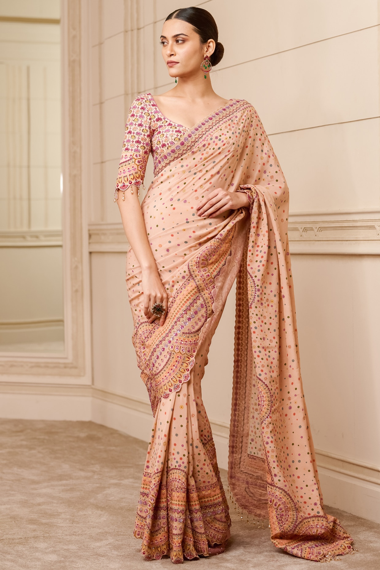 peach saree with golden blouse