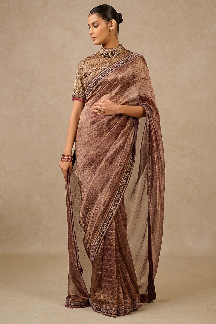 Plum Silk Tissue Ikat Printed Bridal Saree Set by Tarun Tahiliani at Pernia's Pop Up Shop