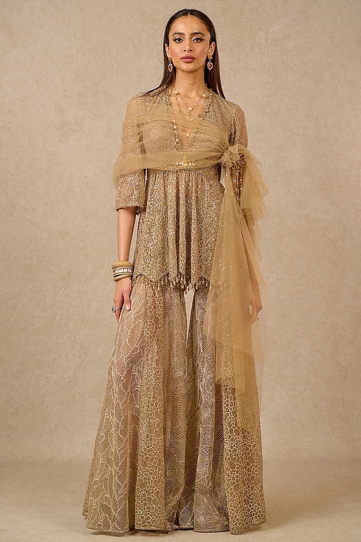 Oyster Tulle Kalidar Sharara Set by Tarun Tahiliani