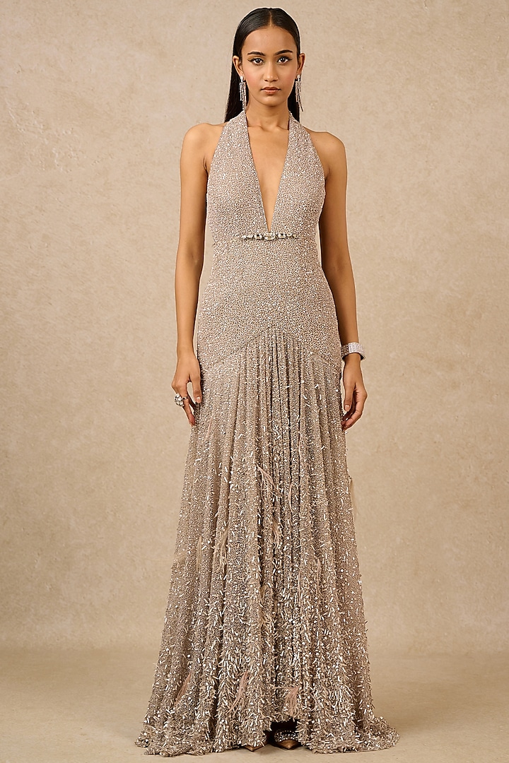 Silver Sequin Fabric Hand Embroidered Sculpted Gown by Tarun Tahiliani
