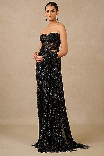 Black Crinkle Tulle Sequins Embroidered Saree Set by Tarun Tahiliani