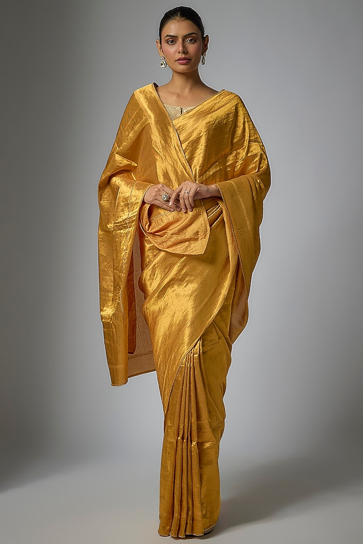 Yellow Zari Brocade Handwoven Reception Saree Set by Tarun Tahiliani at Pernia's Pop Up Shop