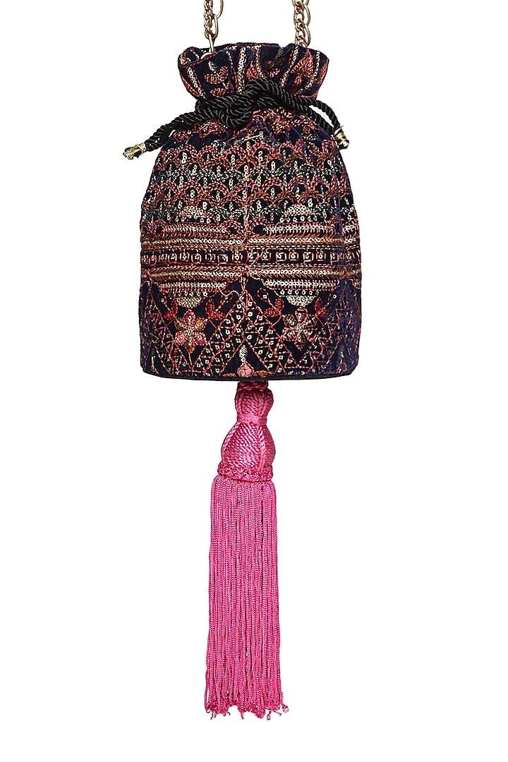 Black & Fuchsia Embroidered Potli Bag by Tara Thakur