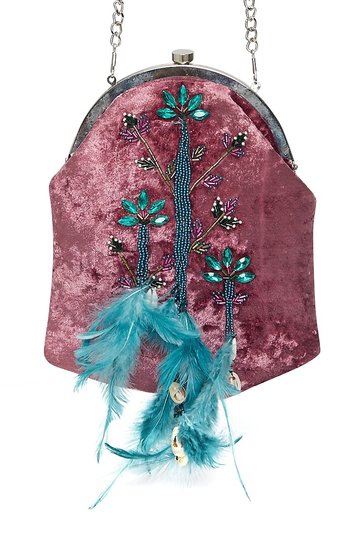 Fuchsia & Teal Embroidered Pouch Bag by Tara Thakur