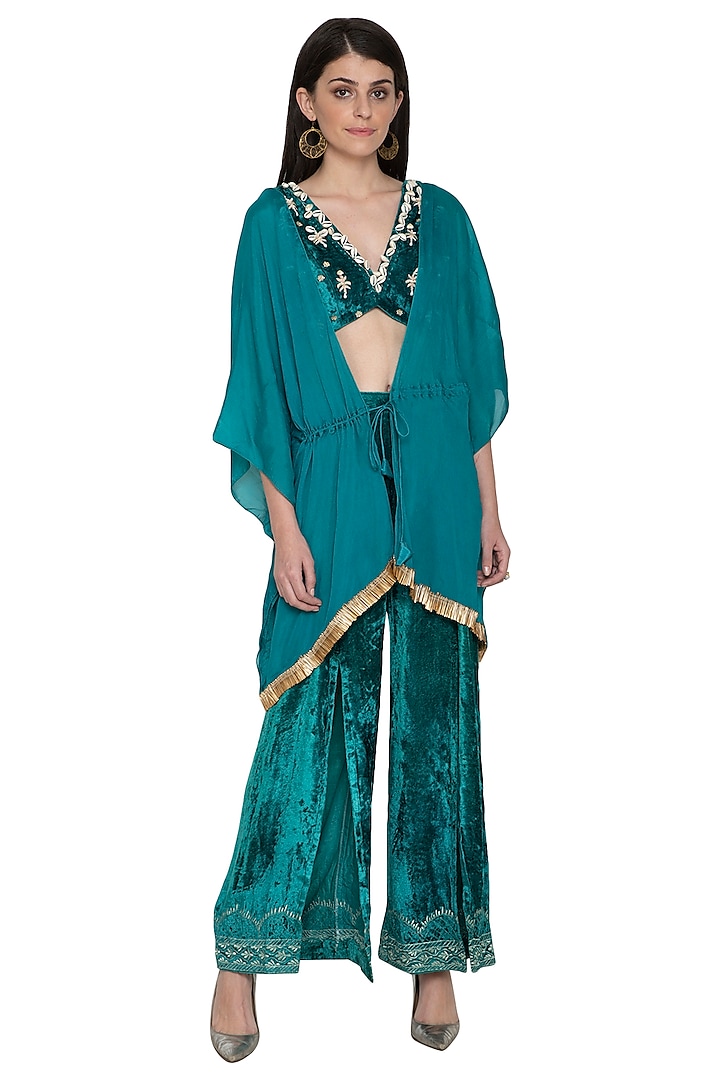 Green Embroidered Tunic With Pants by Tara Thakur