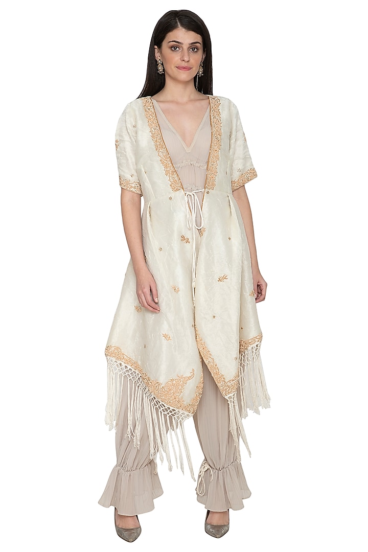 Ivory Embroidered Jacket Set by Tara Thakur at Pernia's Pop Up Shop