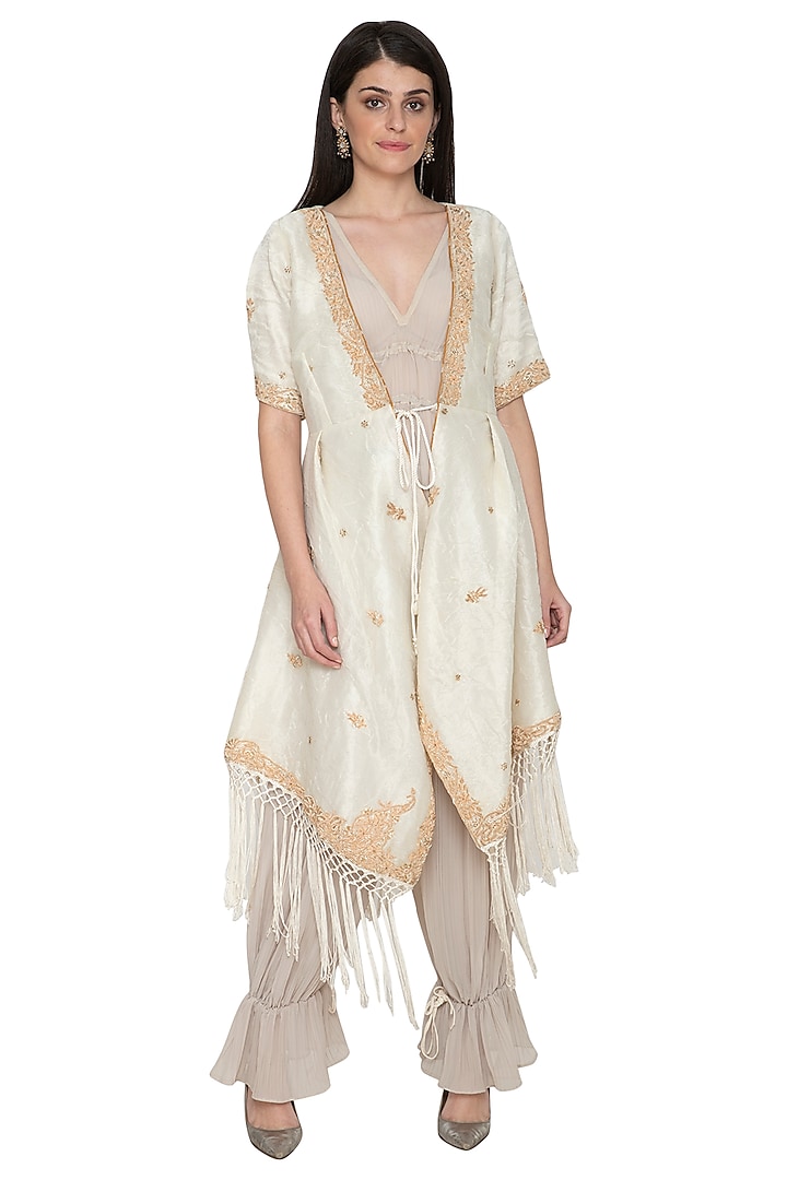 Ivory Embroidered Jacket Set by Tara Thakur