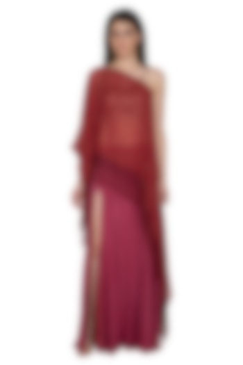 Red Asymmetrical Top With Skirt by Tara Thakur