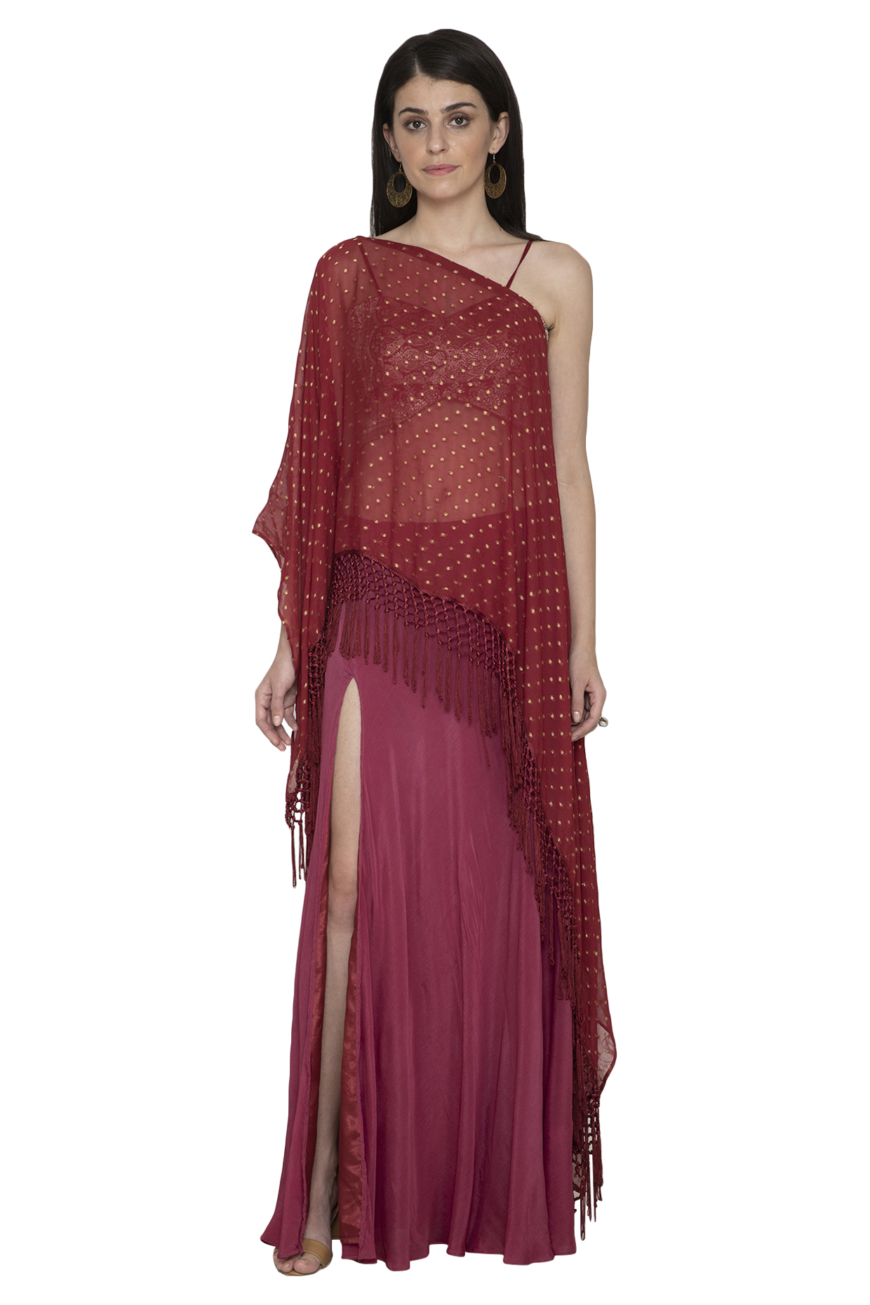 Red Asymmetrical Top With Skirt by Tara Thakur at Pernia's Pop Up Shop
