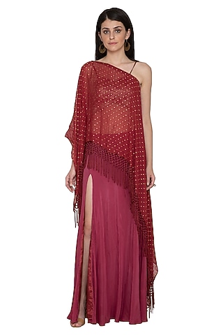 Red Asymmetrical Top With Skirt by Tara Thakur