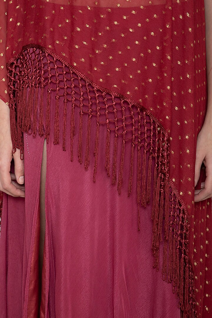 Red Asymmetrical Top With Skirt by Tara Thakur at Pernia's Pop Up Shop