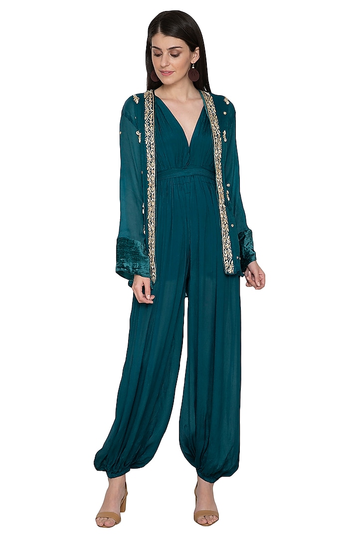 Teal Embroidered Jacket With Jumpsuit by Tara Thakur
