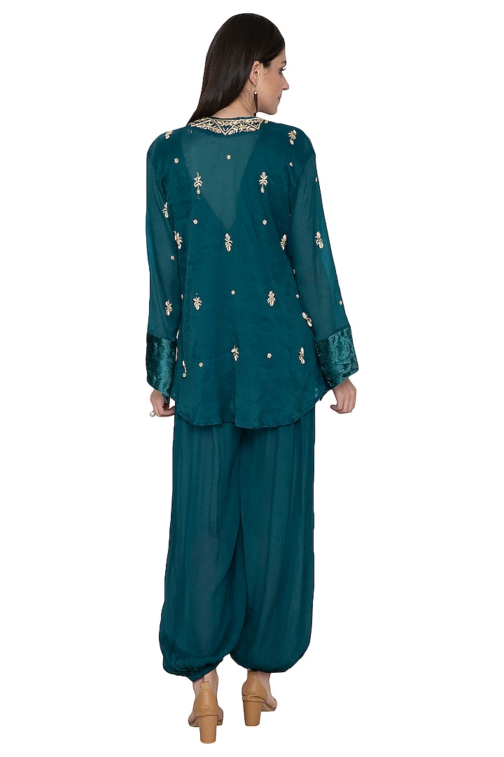 Teal Embroidered Jacket With Jumpsuit by Tara Thakur at Pernia's Pop Up Shop