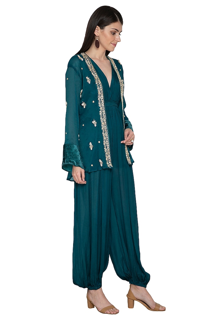 Teal Embroidered Jacket With Jumpsuit by Tara Thakur at Pernia's Pop Up Shop