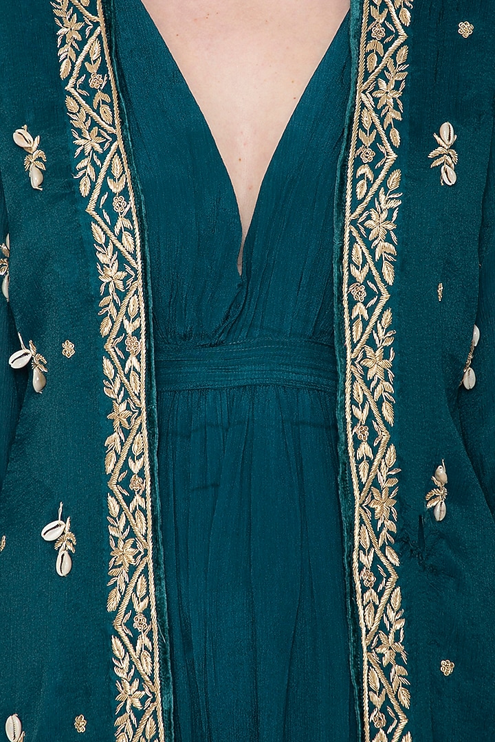 Teal Embroidered Jacket With Jumpsuit by Tara Thakur at Pernia's Pop Up Shop