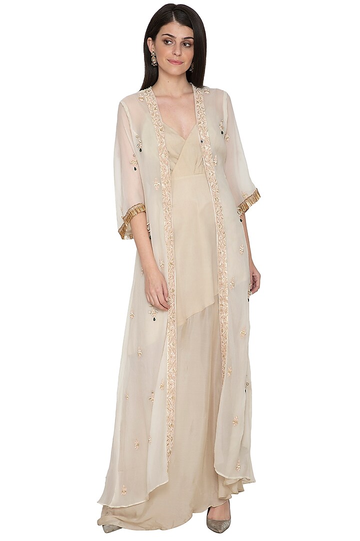 Ivory Asymmetric Cocktail Dress With Embroidered Jacket by Tara Thakur at Pernia's Pop Up Shop