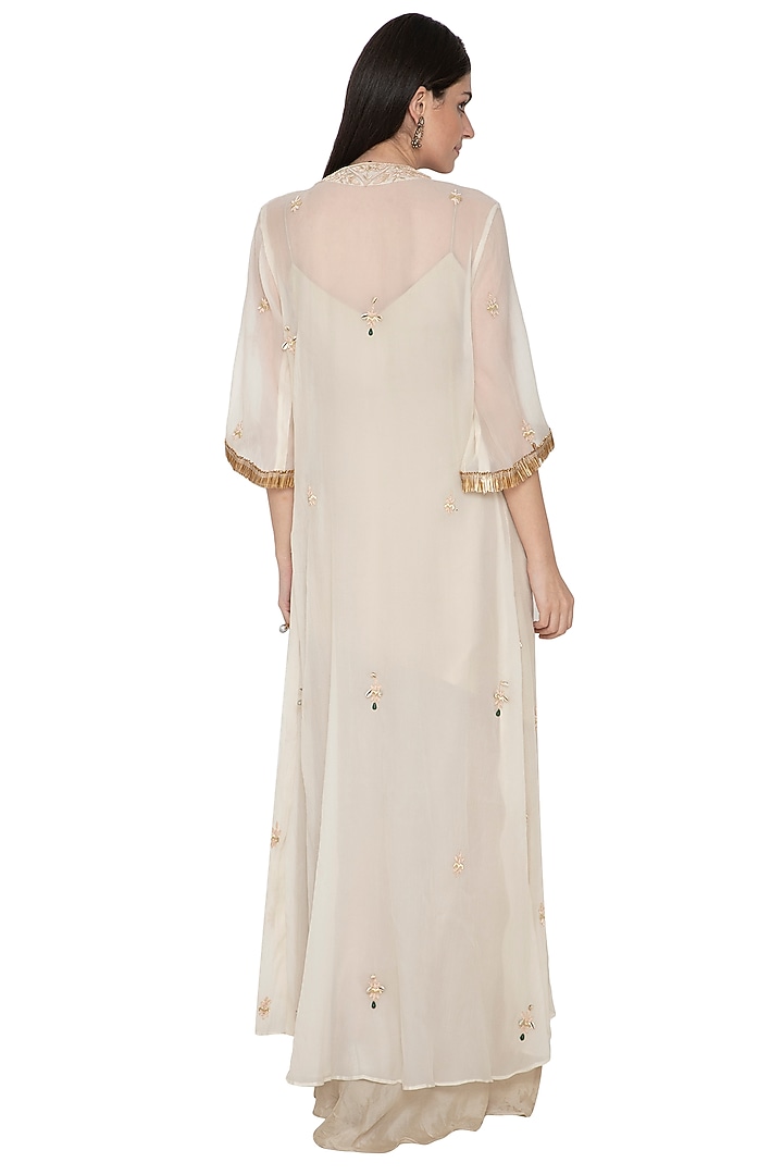 Ivory Asymmetric Cocktail Dress With Embroidered Jacket by Tara Thakur at Pernia's Pop Up Shop