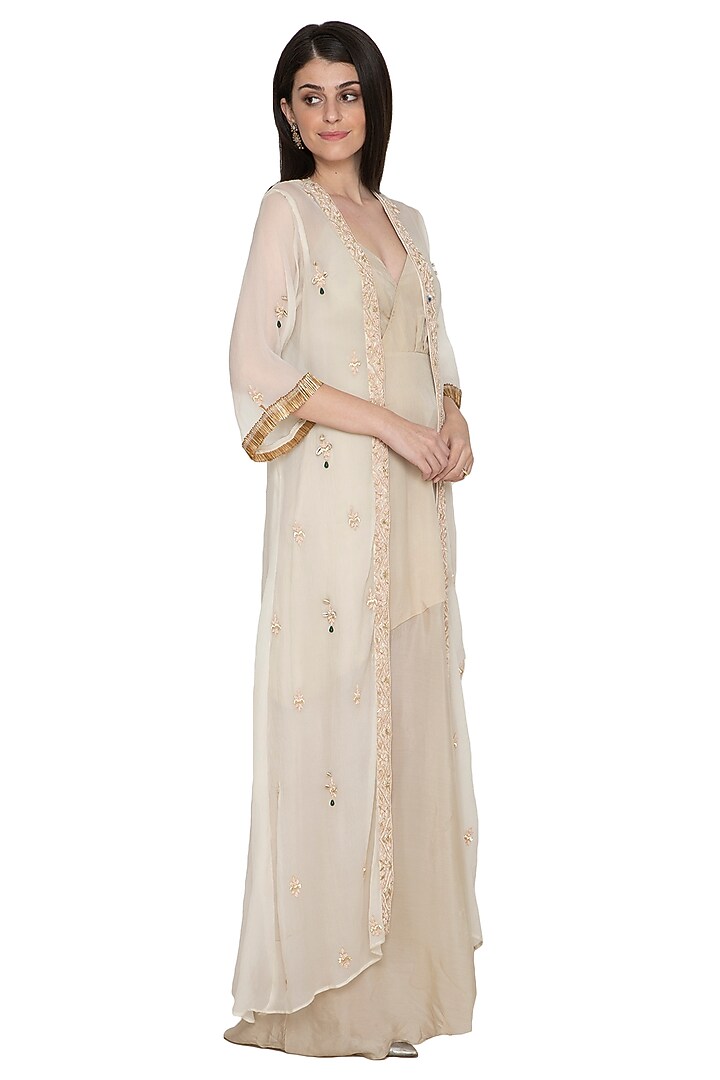 Ivory Asymmetric Cocktail Dress With Embroidered Jacket by Tara Thakur at Pernia's Pop Up Shop