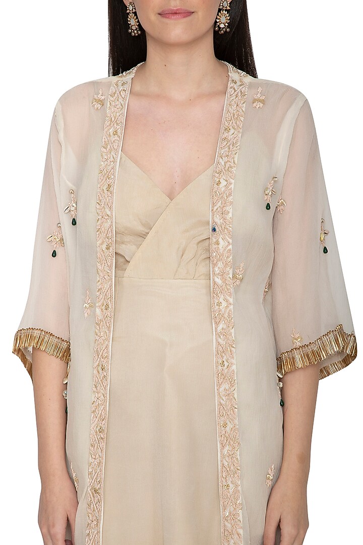 Ivory Asymmetric Cocktail Dress With Embroidered Jacket by Tara Thakur at Pernia's Pop Up Shop