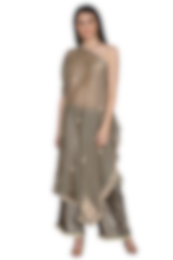Olive Green Embroidered Draped Top With Pants by Tara Thakur