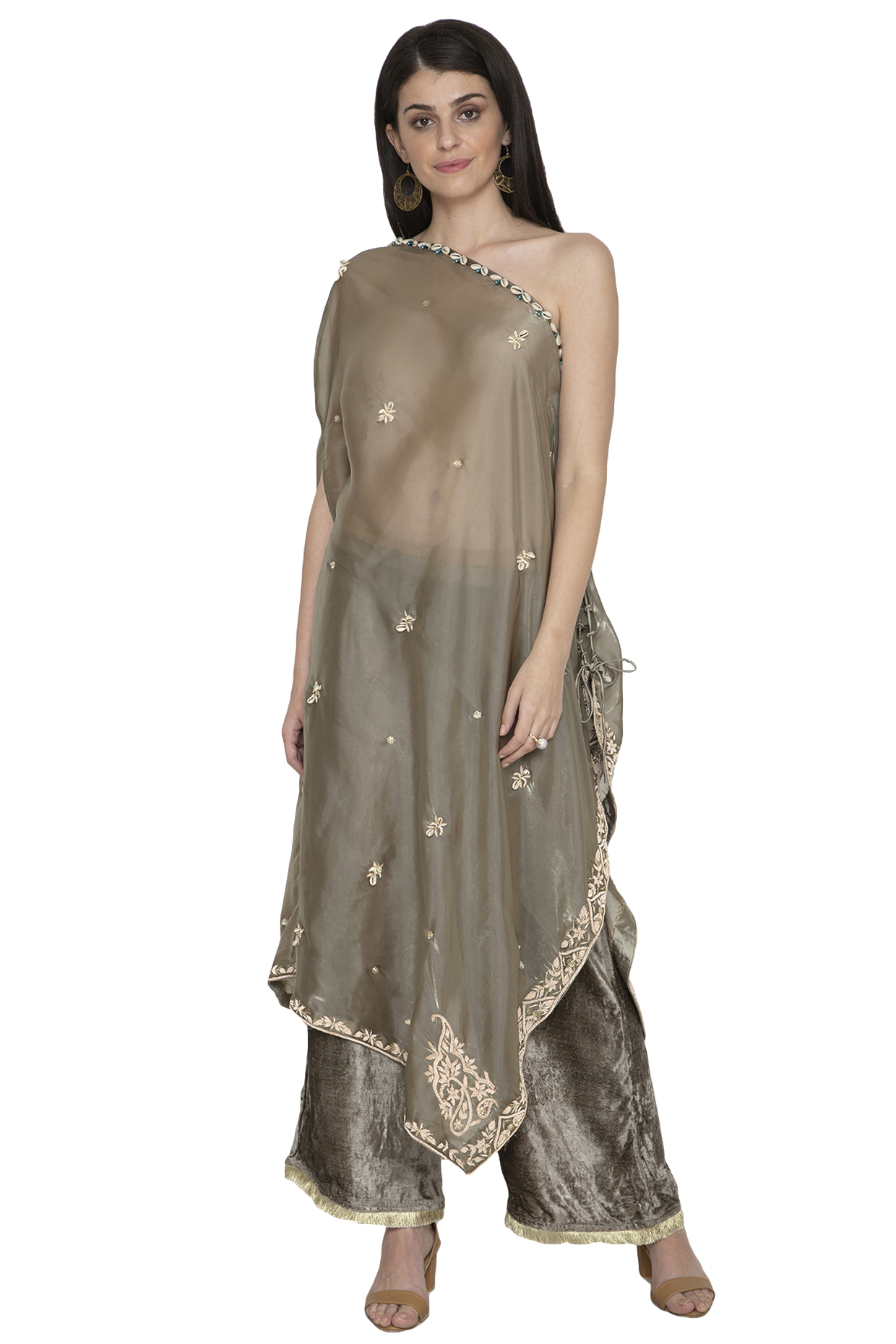 Olive Green Embroidered Draped Top With Pants by Tara Thakur