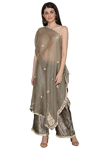 Olive Green Embroidered Draped Top With Pants by Tara Thakur