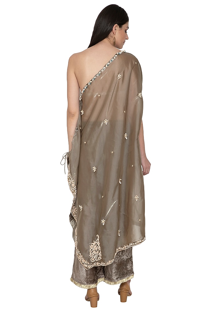 Olive Green Embroidered Draped Top With Pants by Tara Thakur at Pernia's Pop Up Shop