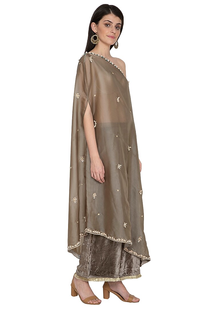 Olive Green Embroidered Draped Top With Pants by Tara Thakur at Pernia's Pop Up Shop