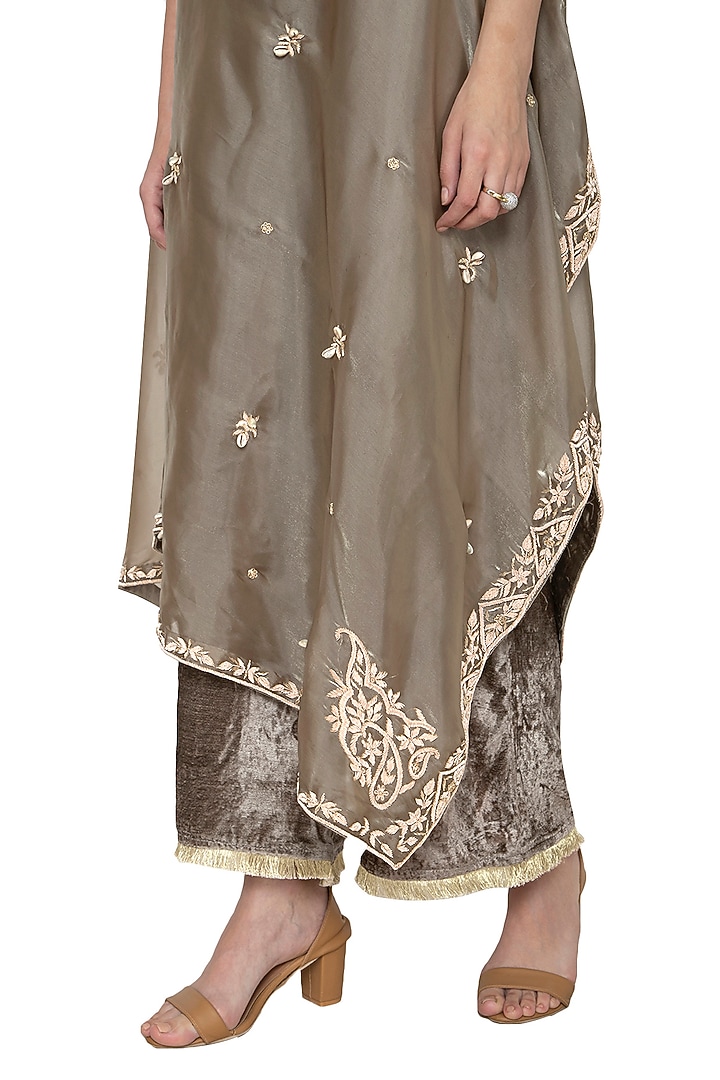 Olive Green Embroidered Draped Top With Pants by Tara Thakur at Pernia's Pop Up Shop