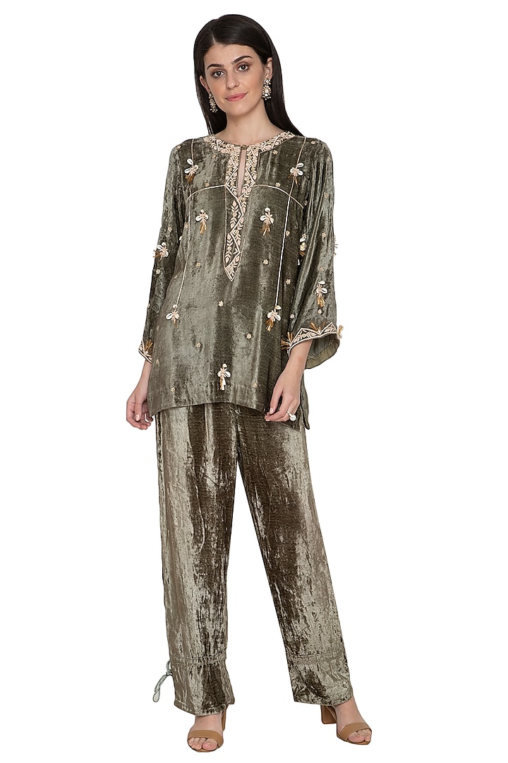 Olive Green Embroidered Tunic With Pants by Tara Thakur