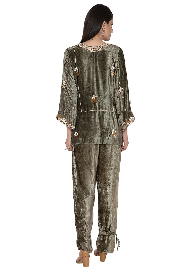 Olive Green Embroidered Tunic With Pants by Tara Thakur at Pernia's Pop Up Shop