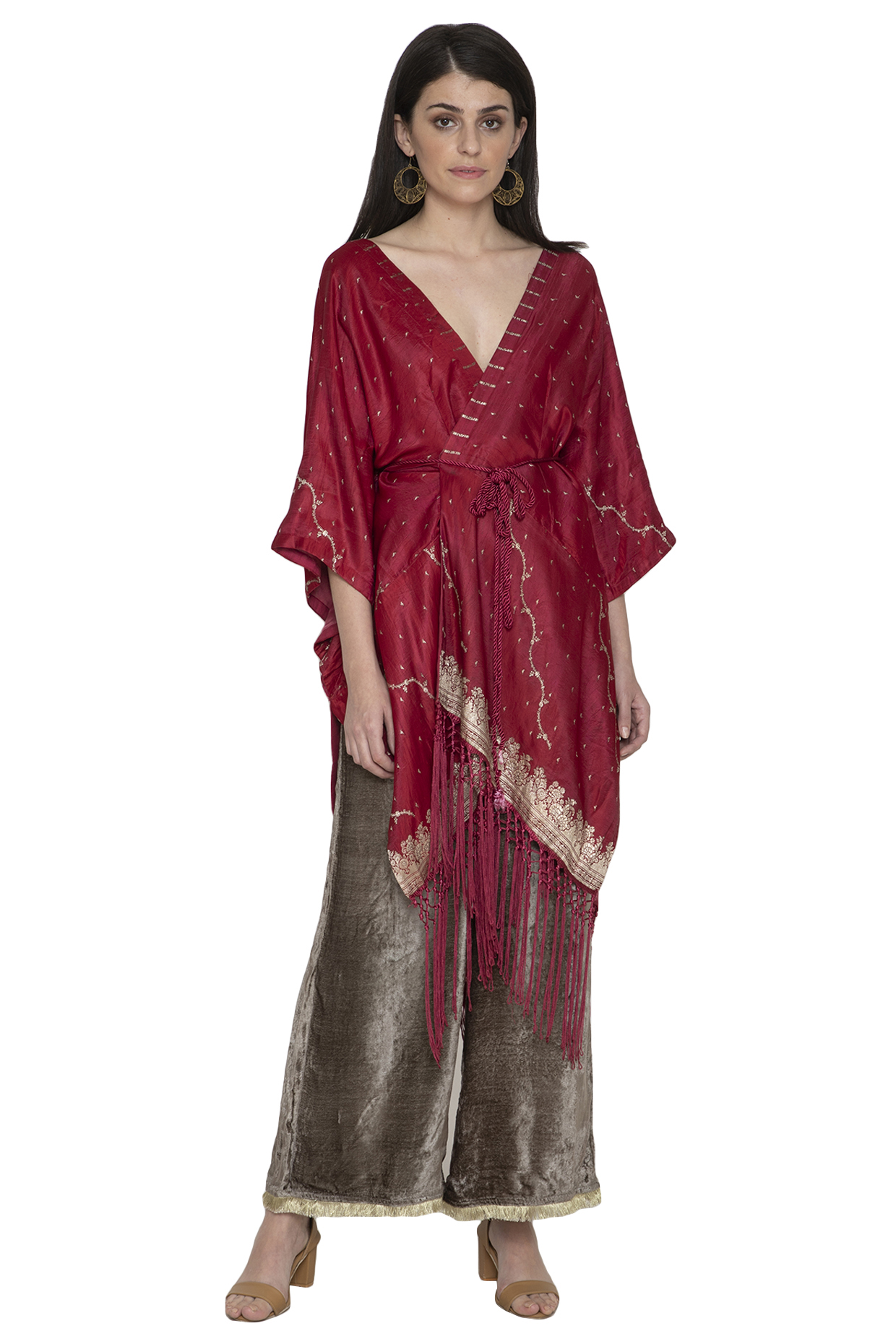 Red Kaftan Jacket With Olive Green Pants by Tara Thakur