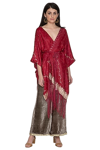Red Kaftan Jacket With Olive Green Pants by Tara Thakur
