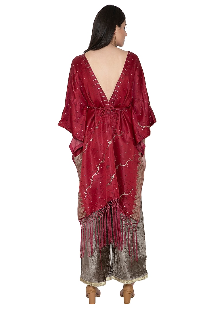 Red Kaftan Jacket With Olive Green Pants by Tara Thakur at Pernia's Pop Up Shop