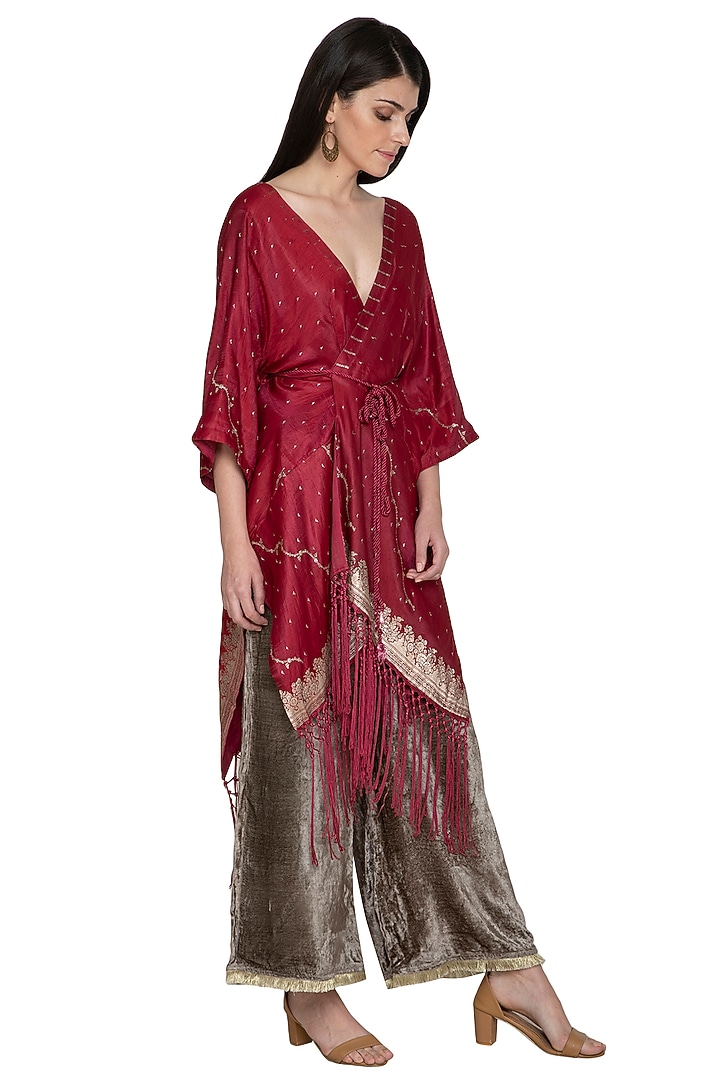 Red Kaftan Jacket With Olive Green Pants by Tara Thakur at Pernia's Pop Up Shop