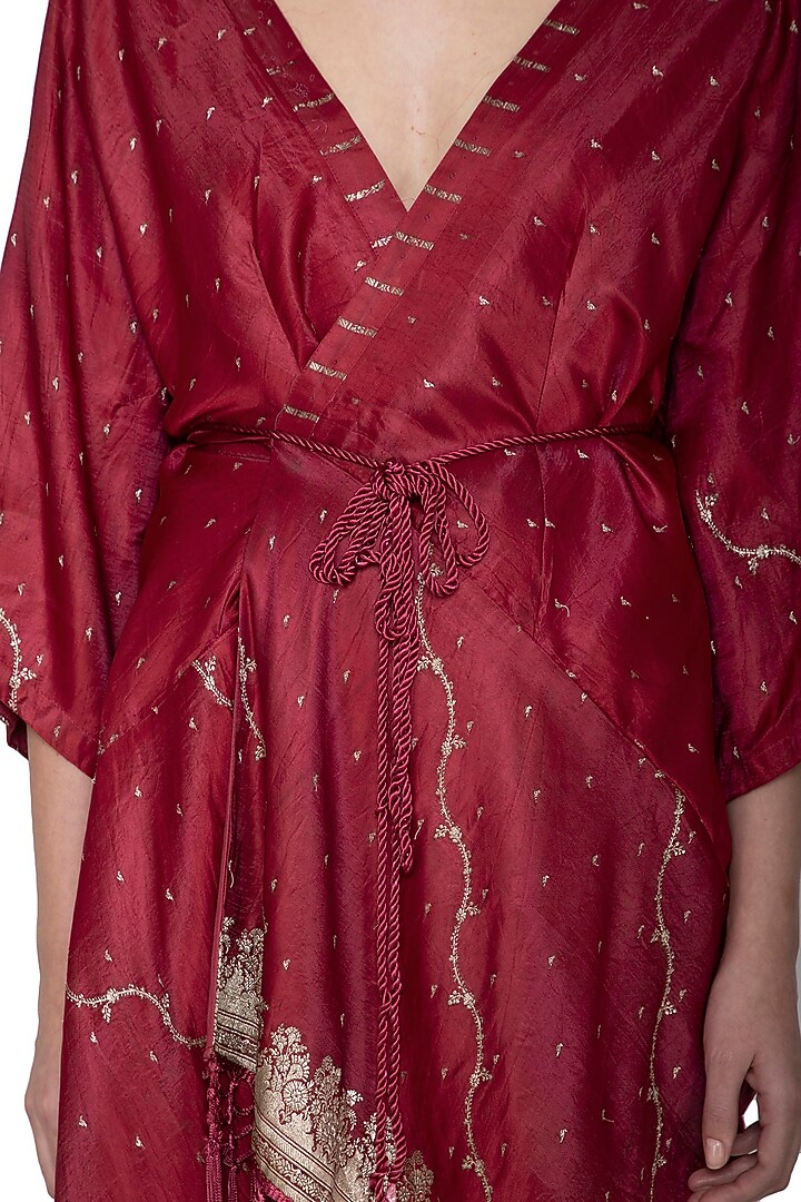 Red Kaftan Jacket With Olive Green Pants by Tara Thakur at Pernia's Pop Up Shop