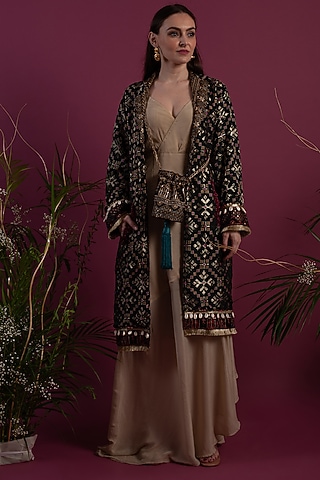 Beige Draped Dress With Jacket by Tara Thakur