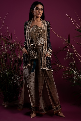 Black & Olive Green Jacket Set by Tara Thakur