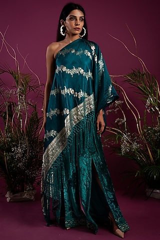 Emerald Green Draped Top With Pants by Tara Thakur