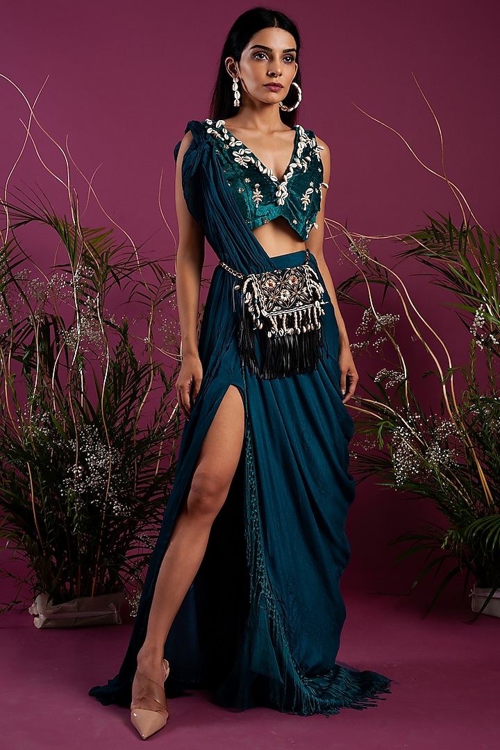 Emerald Green & Teal Blue Draped Saree Gown Design by Tara Thakur at ...