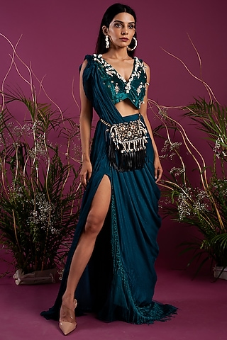 Emerald Green & Teal Blue Draped Saree Gown by Tara Thakur