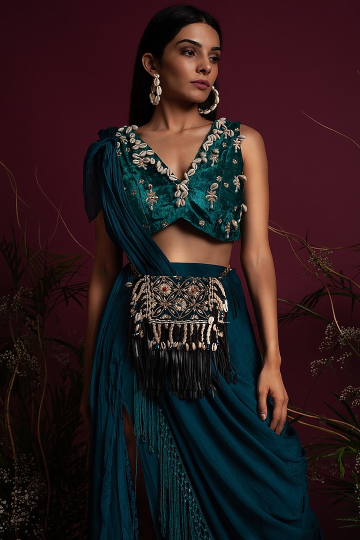 Emerald Green & Teal Blue Draped Wedding Saree Gown by Tara Thakur at Pernia's Pop Up Shop