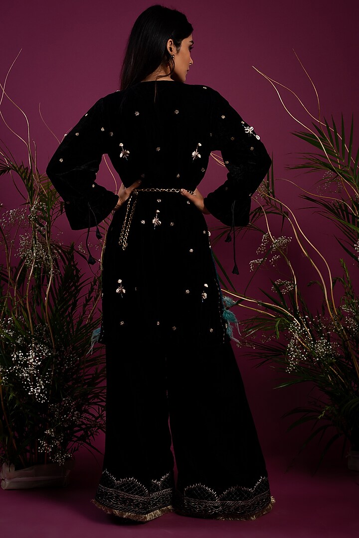 Black Velvet Tunic With Slit Pants by Tara Thakur at Pernia's Pop Up Shop